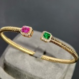 14k Gold 0.93 Ctw Natural Sapphire & Emerald & Diamond Bangle