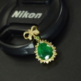 14k Gold 3.78 Ctw Vivid Green Natural Emerald & Diamond Pendant( Without Chain )