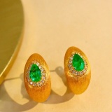 14k Gold 0.70 Ctw Vivid Green Natural Emerald & Diamond Earrings