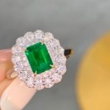 14k Gold 0.9 Ct Vivid Green Natural Emerald & Diamond Ring