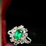 14k Gold 1.35 Ctw Vivid Green Natural Emerald & Diamond Ring