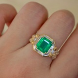 14k Gold 3.15 Ctw Vivid Green Natural Emerald & Diamond Ring