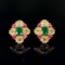14k Gold 1.44 Ctw Vivid Green Natural Emerald & Tsavorite & Ruby Earrings