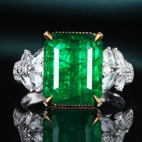 14k Gold 6.73 Ctw Vivid Green Natural Emerald & Diamond Ring