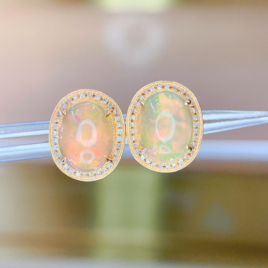 14k Gold 3.53 Ct Natural Opal & Diamond Earrings