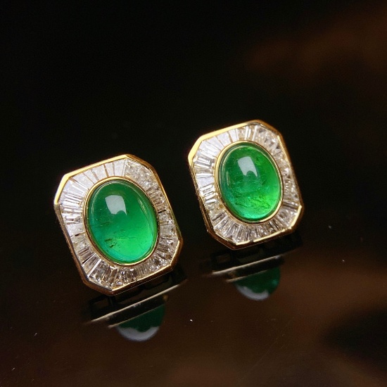 14k Gold 4.55 Ctw Intense Green Natural Emerald & Diamond Earrings