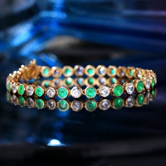 14k Gold 5.19 Ct Vivid Green Natural Emerald & Sapphire Bracelet