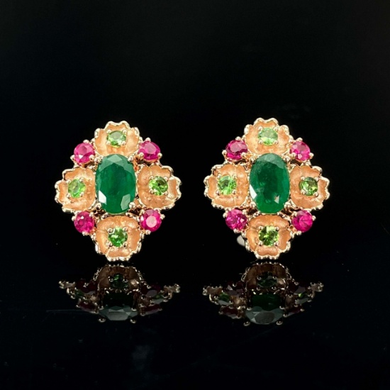 14k Gold 1.44 Ctw Vivid Green Natural Emerald & Tsavorite & Ruby Earrings