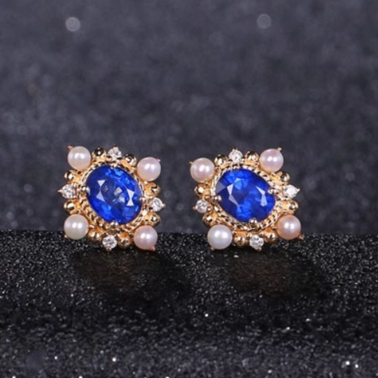 14k Gold 2 Ct Vivid Blue Natural Sapphire & Diamond Earrings
