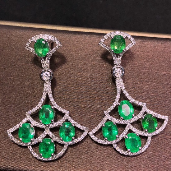 14k Gold 4.33 Ctw Intense Green Natural Emerald & Diamond Earrings