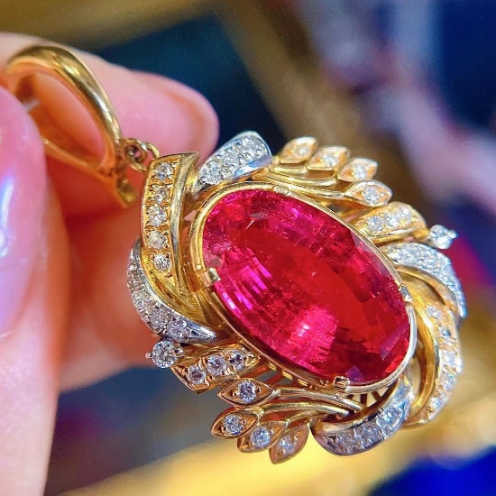 14k Gold 7.55 Ct Natural Tourmaline & Diamond Brooch/pendant