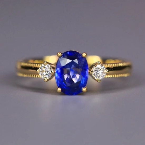 14k Gold 1.13 Ctw Vivid Blue Natural Sapphire & Diamond Ring