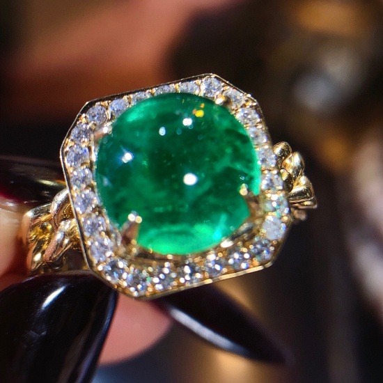 14k Gold 3.30 Ctw Vivid Green Natural Emerald & Diamond Ring