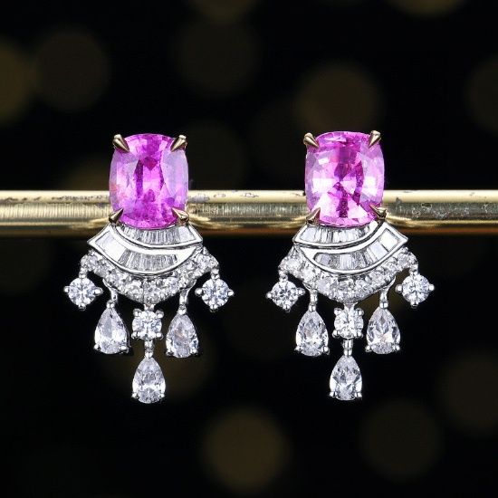 14k Gold 1.91 Ctw Natural Padparadscha Sapphire & Diamond Earrings