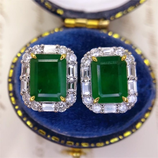 14k Gold 3.69 Ctw Vivid Green Natural Emerald & Diamond Earrings