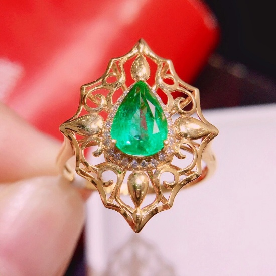 14k Gold 1.02 Ct Vivid Green Natural Emerald & Diamond Ring
