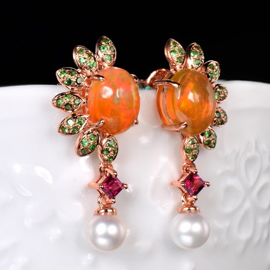 14k Gold 2.5 Ct Natural Opal & Ruby & Tsavorite & Pearl Earrings