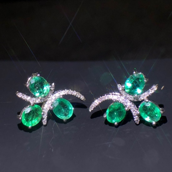 14k Gold 1.46 Ct Vivid Green Natural Emerald & Diamond Earrings