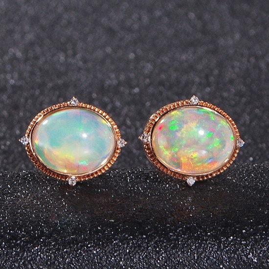 14k Gold 3.46 Ctw Natural Opal & Diamond Earrings