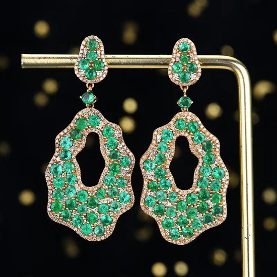 14k Gold 5.99 Ctw Vivid Green Natural Emerald & Diamond Earrings