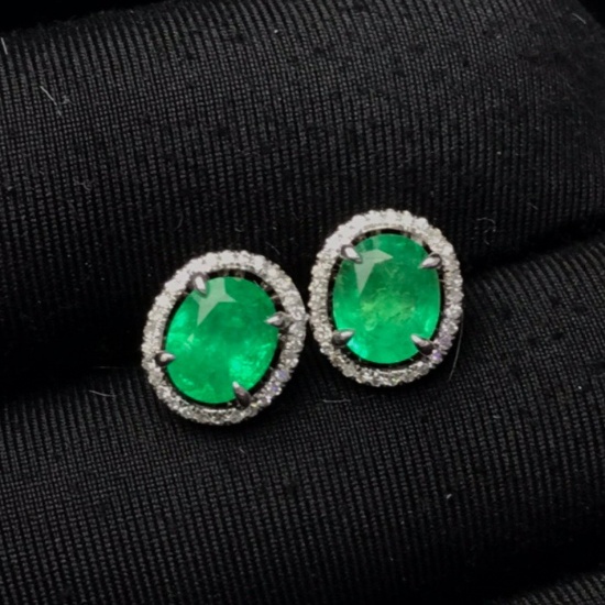 14k Gold 1.52 Ct Vivid Green Natural Emerald & Diamond Earrings
