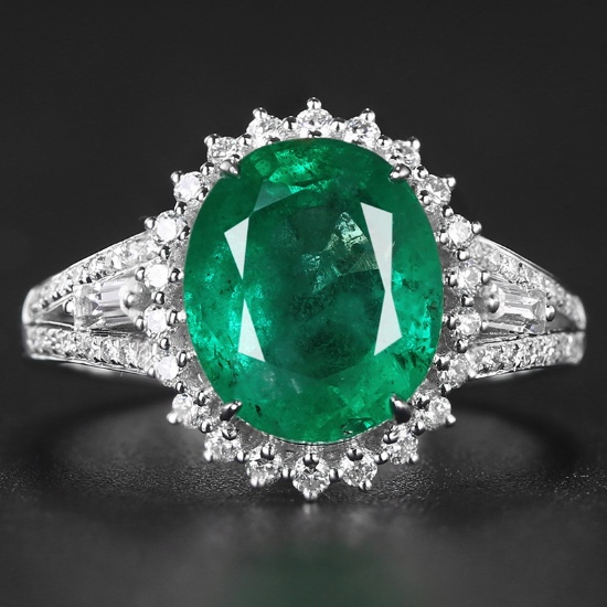 14k Gold 3.75 Ctw Vivid Green Natural Emerald & Diamond Ring