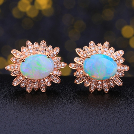 14k Gold 1.76 Ctw Natural Opal & Diamond & Flowers Earrings