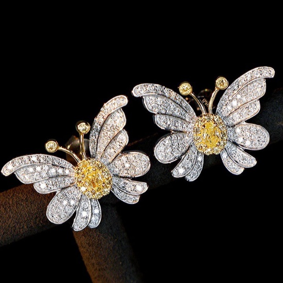 14k Gold 0.82 Ctw Natural Yellow Diamond & Diamond & Butterfly Earrings