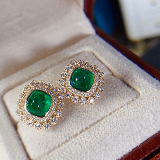 14k Gold 3.69 Ctw Vivid Green Natural Emerald & Diamond Earrings