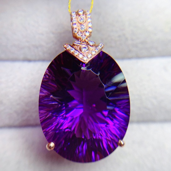 14k Gold 21.02 Ct Natural Amethyst & Diamond Pendant