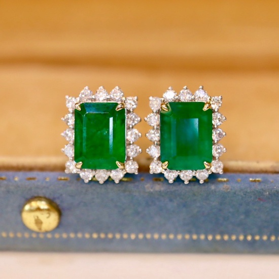 14k Gold 4.50 Ctw Vivid Green Natural Emerald & Diamond Earrings