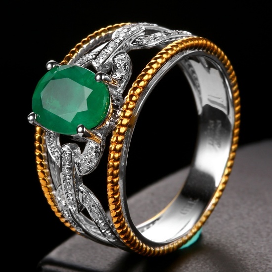 14k Gold 1.44 Ctw Vivid Green Natural Emerald & Diamond Ring