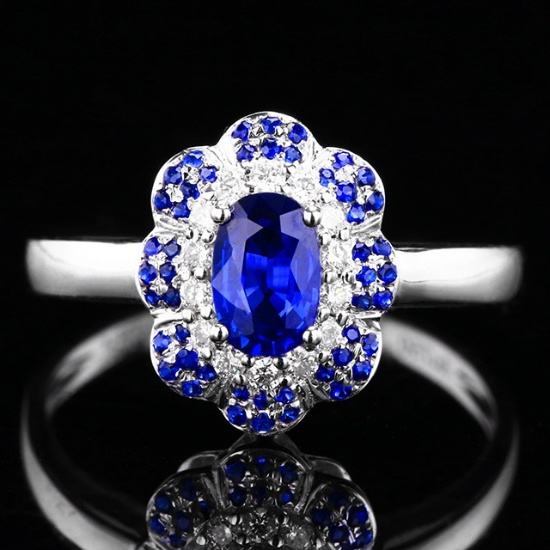 14k Gold 0.89 Ctw Vivid Blue Natural Sapphire & Diamond Ring