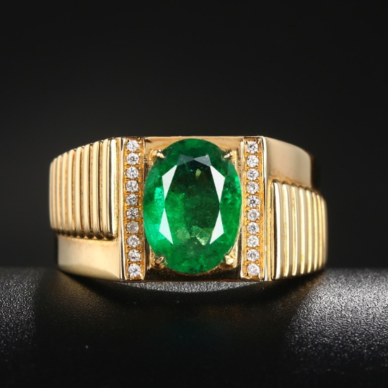 14k Gold 2.38 Ctw Vivid Green Natural Emerald & Diamond Ring