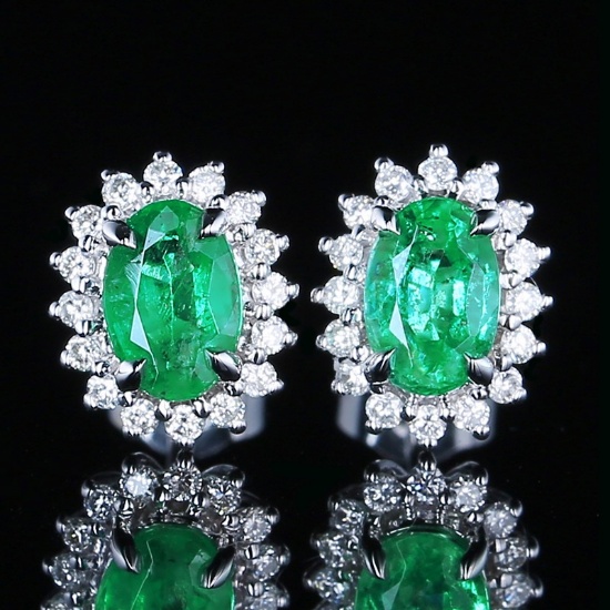 14k Gold 1.16 Ctw Vivid Green Natural Emerald & Diamond Earrings