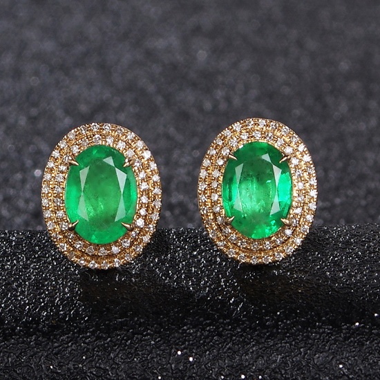 14k Gold 2.88 Ct Vivid Green Natural Emerald & Diamond Earrings