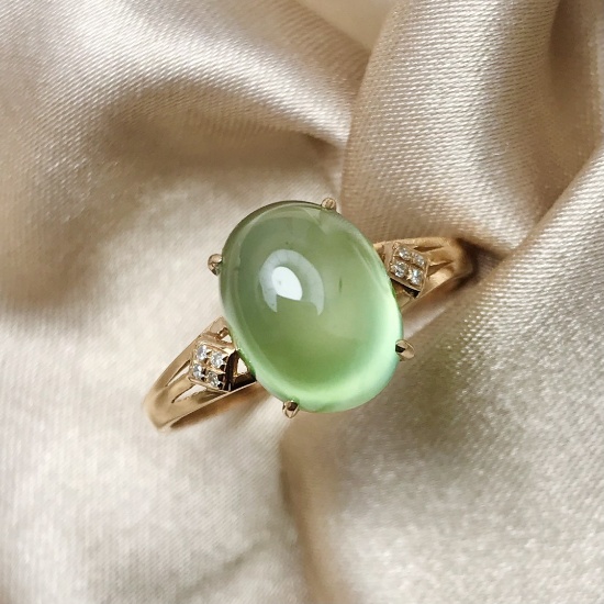 14k Gold 4.42 Ct Natural Prehnite & Diamond Ring