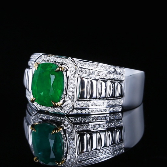 14k Gold 1.85 Ctw Vivid Green Natural Emerald & Diamond Ring