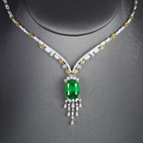 14k Gold 6.59 Ctw Vivid Green Natural Emerald & Diamond Necklace