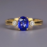 14k Gold 1.13 Ctw Vivid Blue Natural Sapphire & Diamond Ring