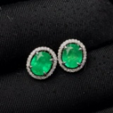 14k Gold 1.52 Ct Vivid Green Natural Emerald & Diamond Earrings