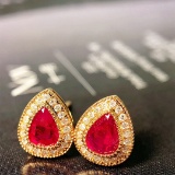 14k Gold 1.02 Ctw Vivid Red Natural Ruby & Diamond Earrings