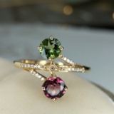 14k Gold 1.22 Ctw Natural Tourmaline & Diamond & Toi Et Moi Ring