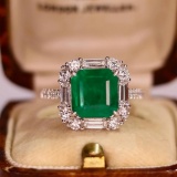 14k Gold 4.48 Ctw Vivid Green Natural Emerald & Diamond Ring