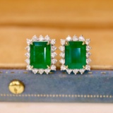 14k Gold 4.50 Ctw Vivid Green Natural Emerald & Diamond Earrings