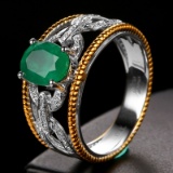 14k Gold 1.44 Ctw Vivid Green Natural Emerald & Diamond Ring