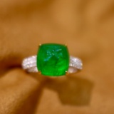 14k Gold 6.23 Ctw Vivid Green Natural Emerald & Diamond Ring