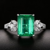 14k Gold 3.50 Ctw Vivid Green Natural Emerald & Diamond Ring