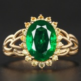14k Gold 1.92 Ctw Vivid Green Natural Emerald & Sapphire Ring
