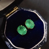 14k Gold 1.08 Ct Vivid Green Natural Emerald & Solitaire Earrings